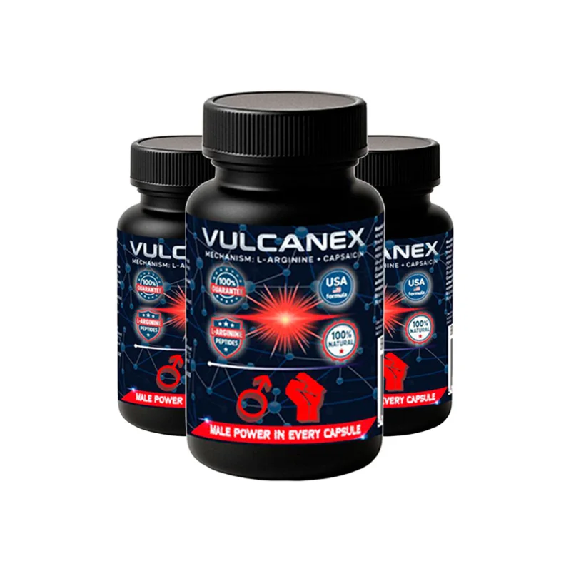 Vulcanex — капсулы для мужчин, чёрная банка с надписью L-аргинин и капсаицин